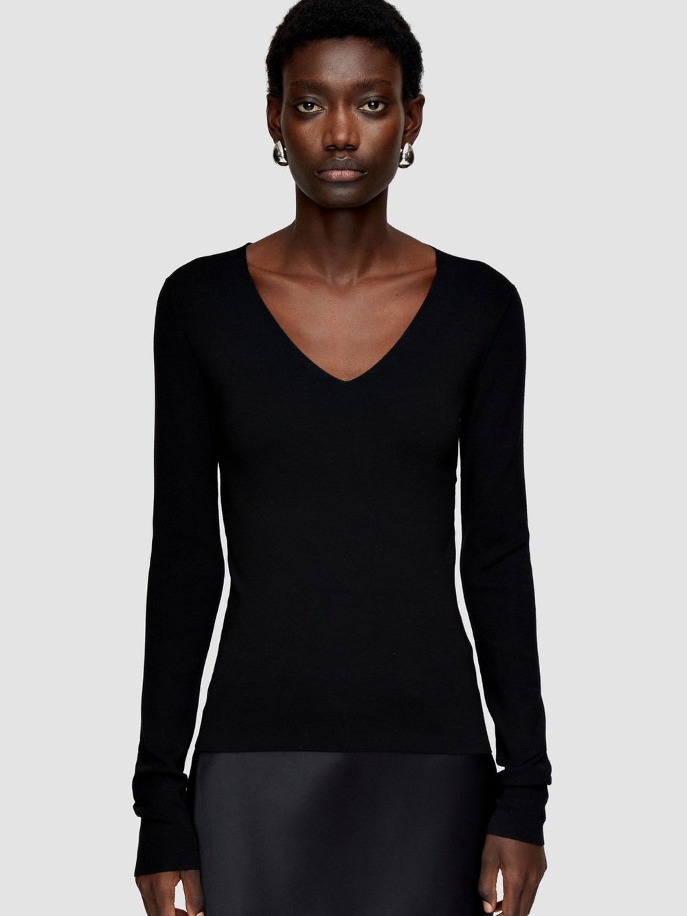 JOSEPH Sz S Silk Stretch V Neck Long Sleeve Top Black Foundations